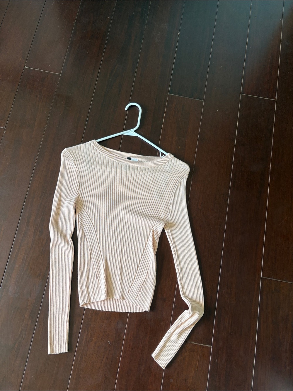 Divided Ribbed Long-Sleeve Scoop Neck Sweater in Light Beige